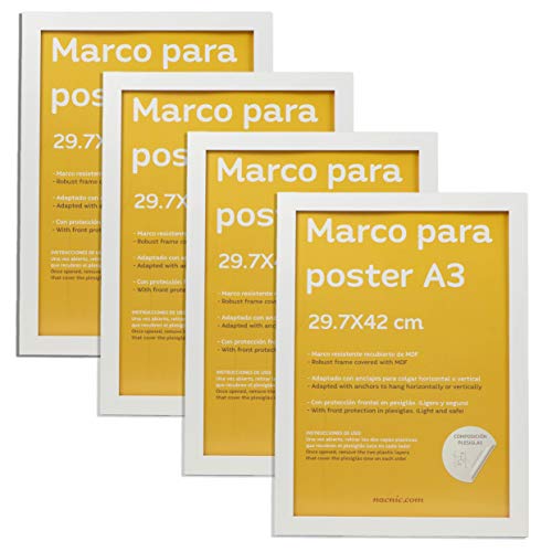 nacnic Set de 4 Marcos Blancos tamaño A3 (29.7x42cm). Marco de Color Blanco