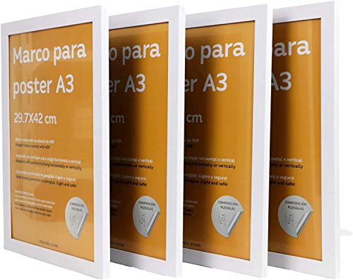nacnic Set de 4 Marcos Blancos tamaño A3 (29.7x42cm). Marco de Color Blanco