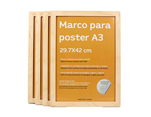 nacnic Set de 4 Marcos Madera Clara tamaño A3 (29.7x42cm). Marco de Color Light wood