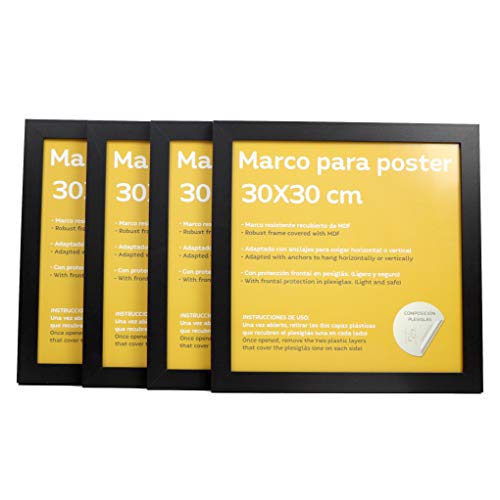 nacnic Set de 4 Marcos negros para fotos posters láminas diplomas. Tamaño(30x30 cm).Robustos de MDF y frontal de plexiglas.Marcos negros para colgar de alta calidad
