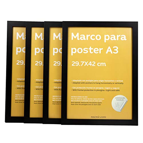 nacnic Set de 4 Marcos Negros tamaño A3 - 29 7x42cm. Marco de Color Negro
