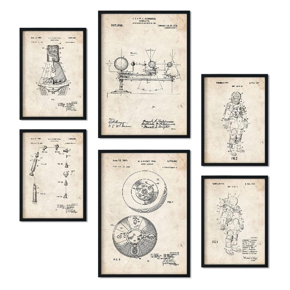 nacnic Set de 6 láminas de patentes Astronauta con dibujos retro