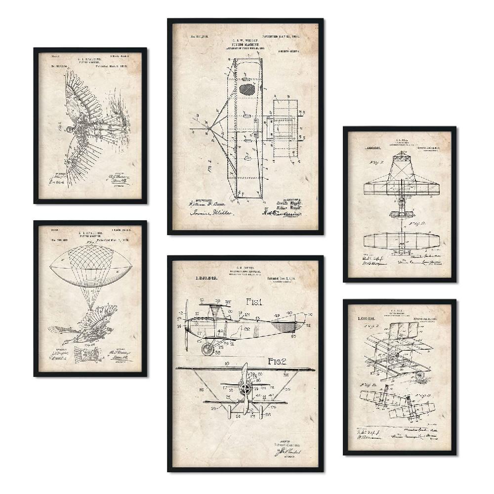 nacnic Set de 6 láminas de patentes Avión con dibujos retro de inventos antiguos