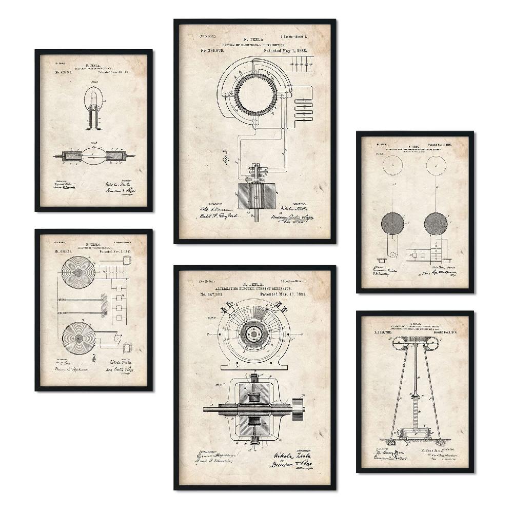 nacnic Set de 6 láminas de patentes de Electricidad 2 con dibujos retro de inventos antiguos