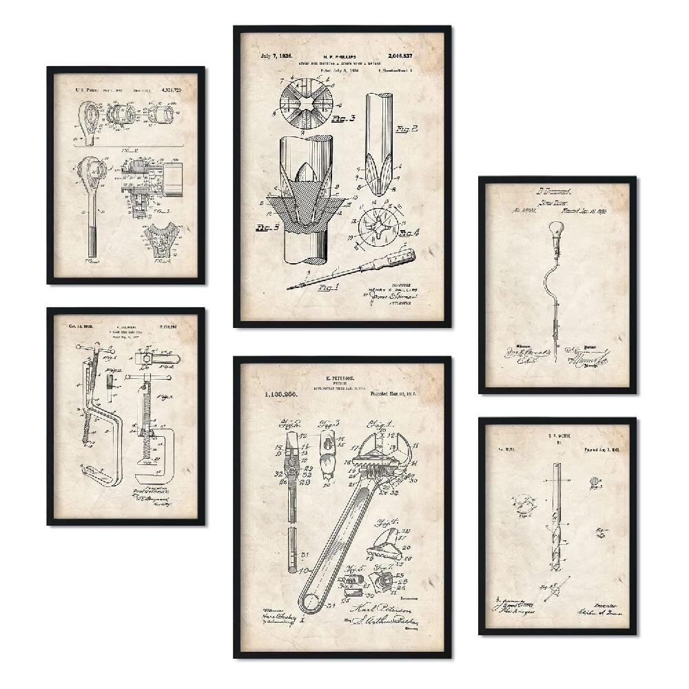 nacnic Set de 6 láminas de patentes de herramientas de construcción retro