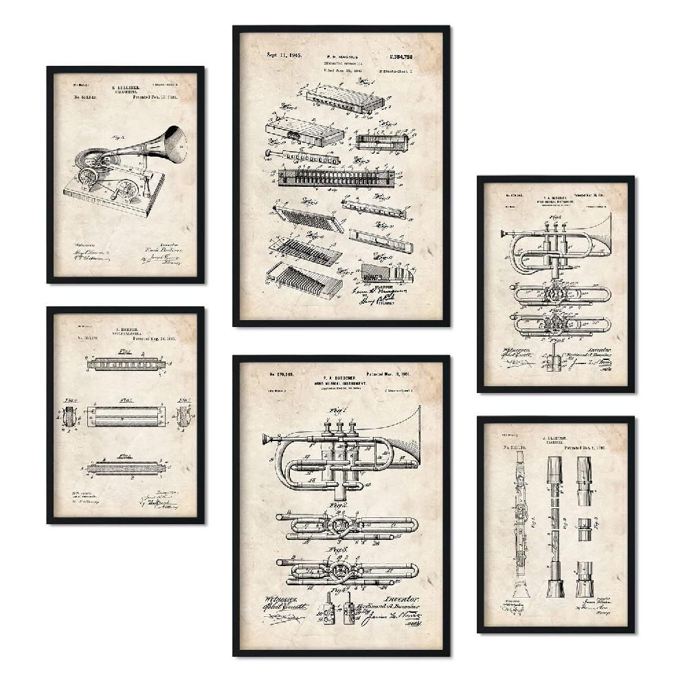 nacnic Set de 6 láminas de patentes de instrumentos de viento antiguos