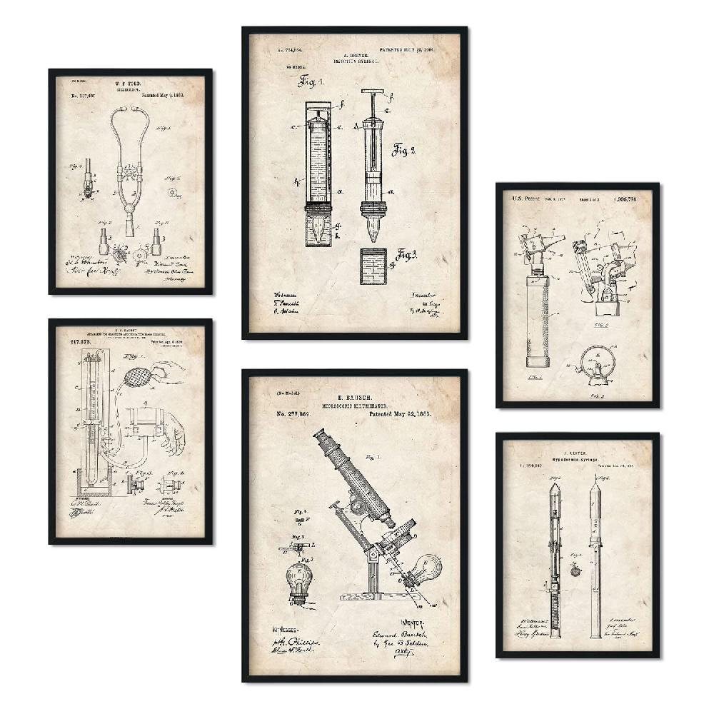 nacnic Set de 6 láminas de patentes de Medicina con dibujos retro de inventos antiguos