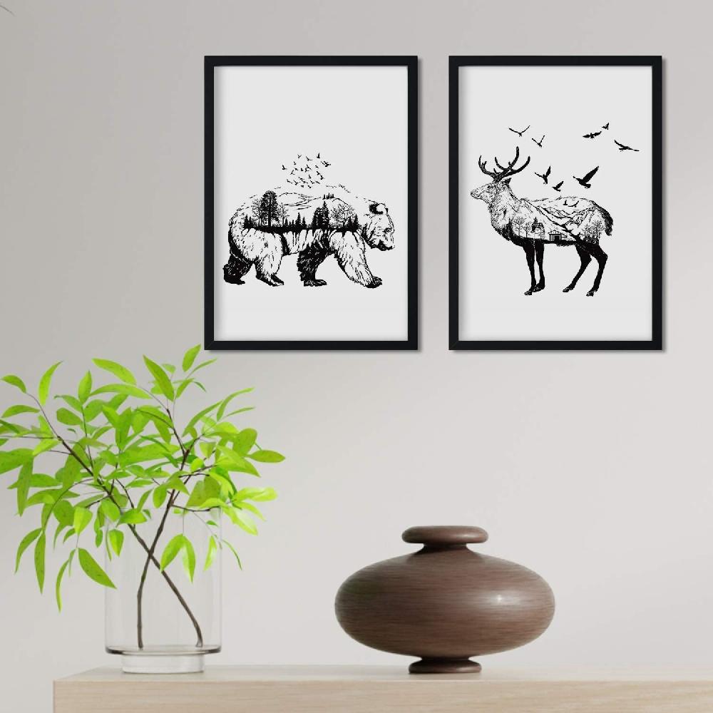 Nacnic Set De Dos Láminas Estilo Nórdico Con Oso Y Ciervo En Blanco Y Negro