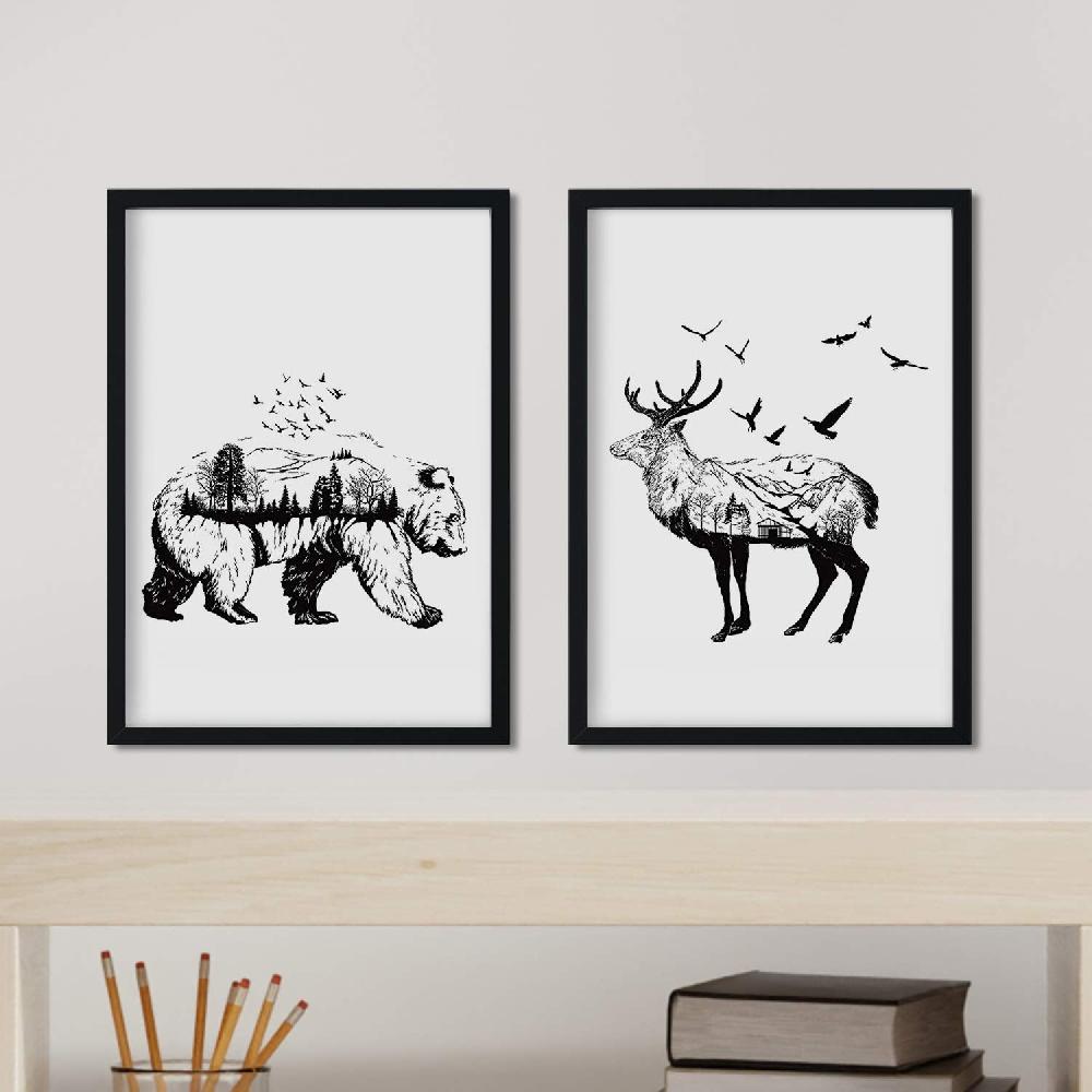 nacnic Set de Dos Láminas Estilo Nórdico con Oso y Ciervo en Blanco y Negro