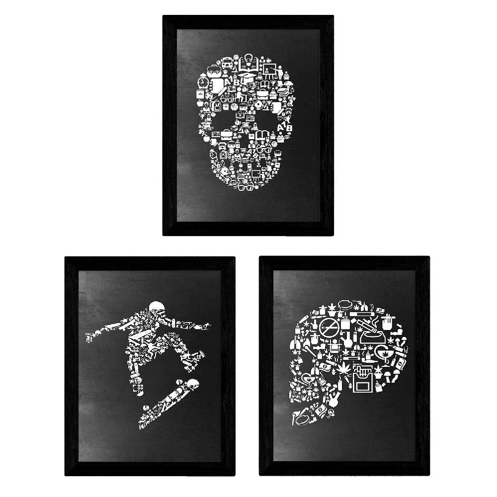 nacnic Set de láminas calaveras y skate en blanco y negro