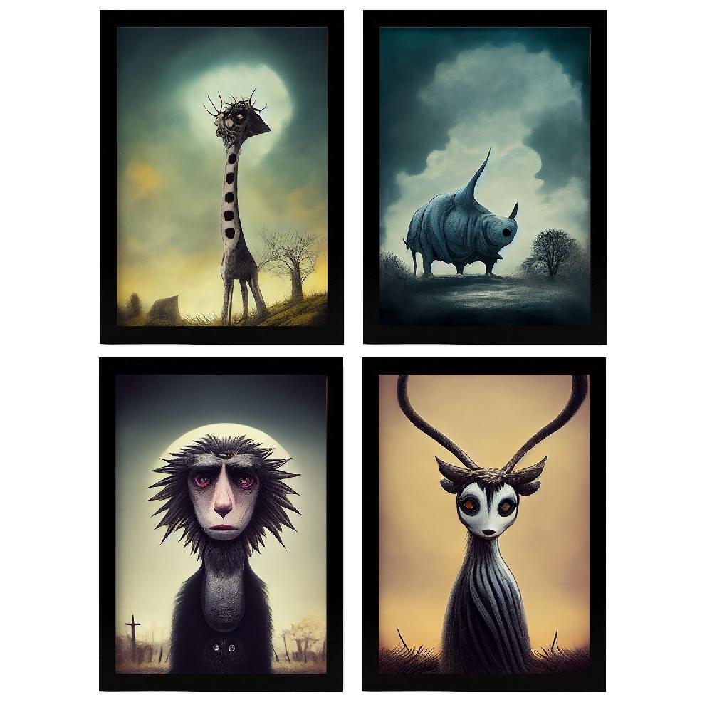 nacnic Set de Láminas de Animales al estilo Burton para Diseño de Interiores y Decoración Goth Dark