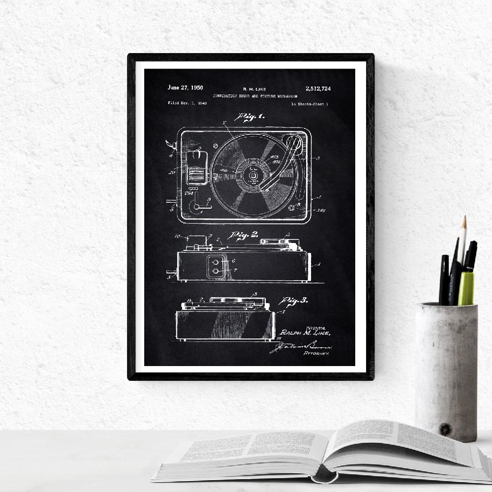 Nacnic Set De Láminas Patentes De Tocadiscos Antiguas En Negro