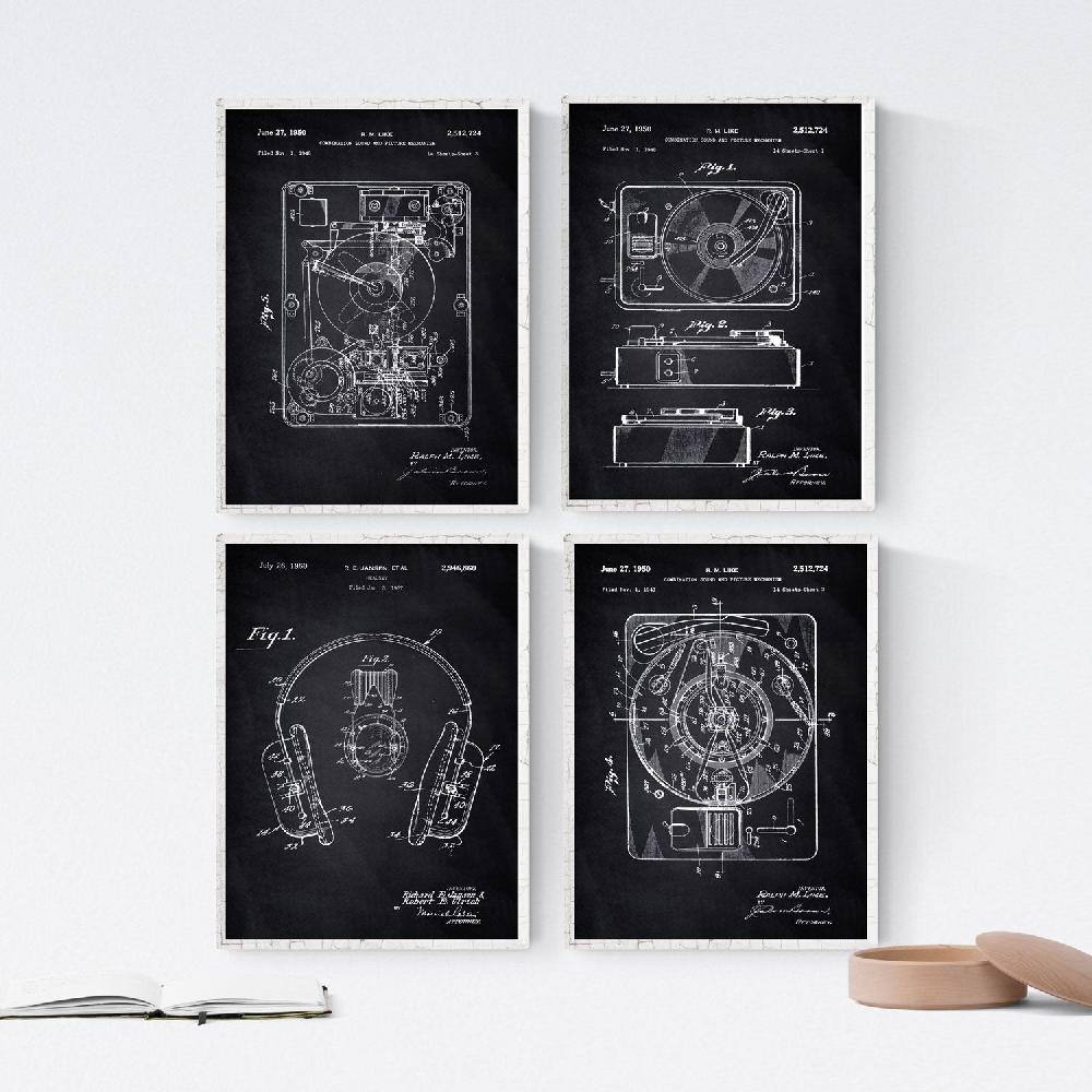 nacnic Set de Láminas Patentes de Tocadiscos Antiguas en Negro