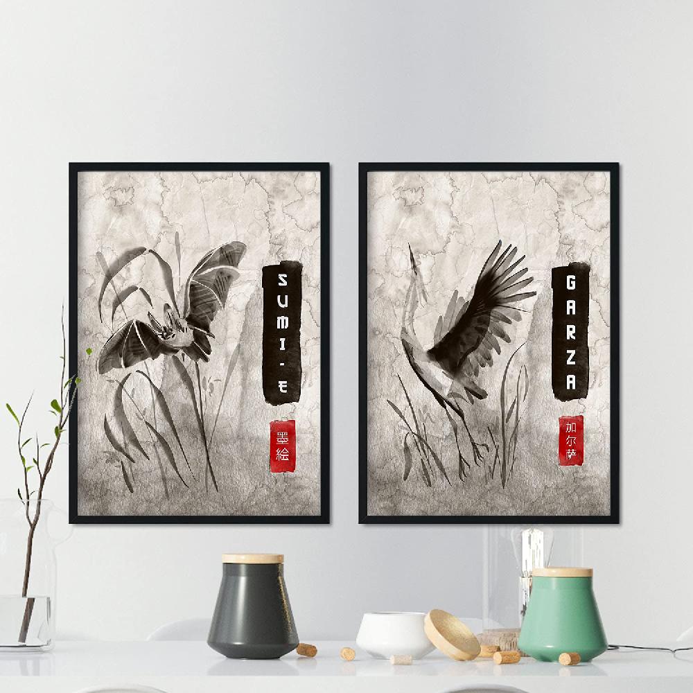 Nacnic Set De Láminas Sumi-E De Animales Voladores Vintage En Grises