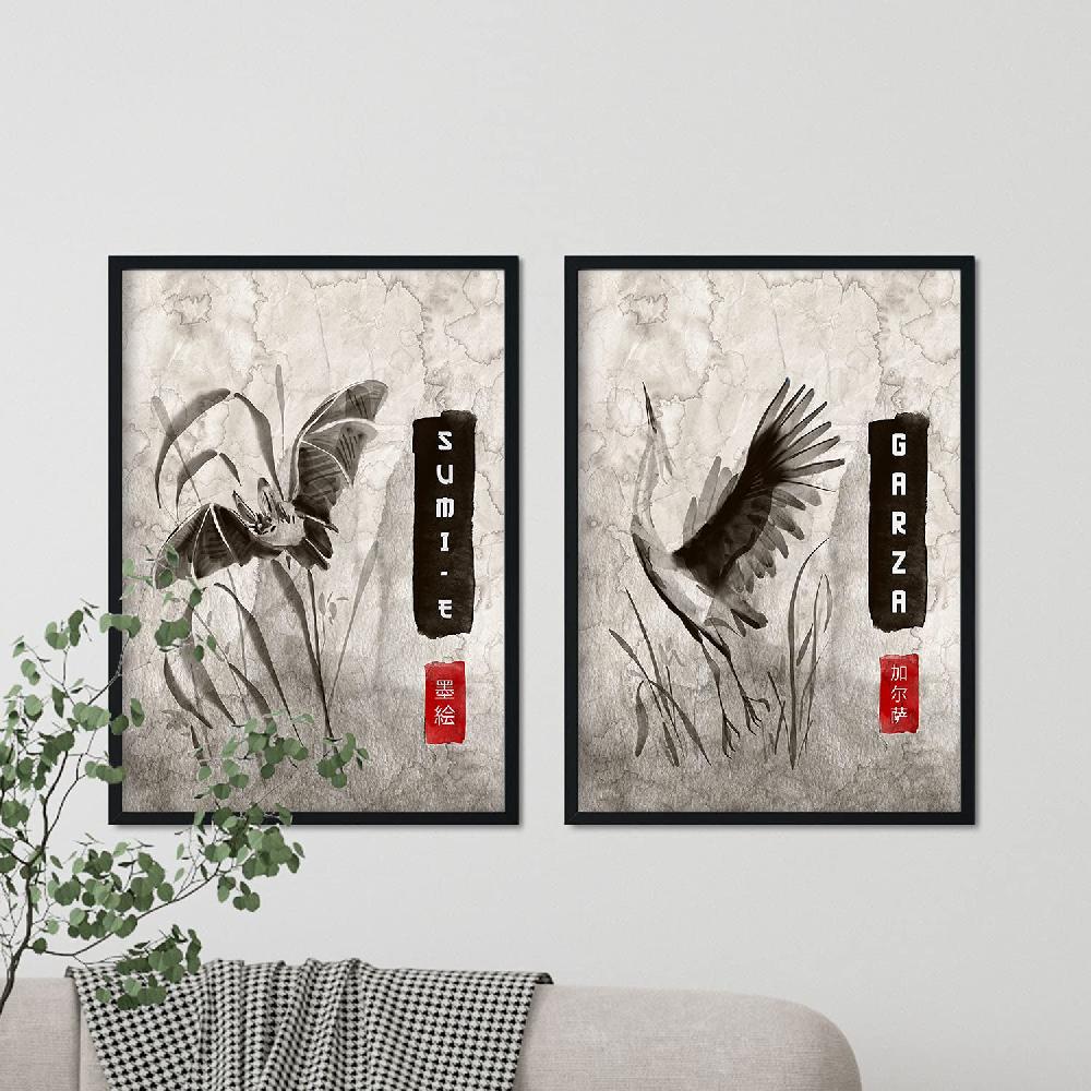 Nacnic Set De Láminas Sumi-E De Animales Voladores Vintage En Grises