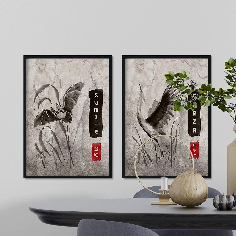 Nacnic Set De Láminas Sumi-E De Animales Voladores Vintage En Grises