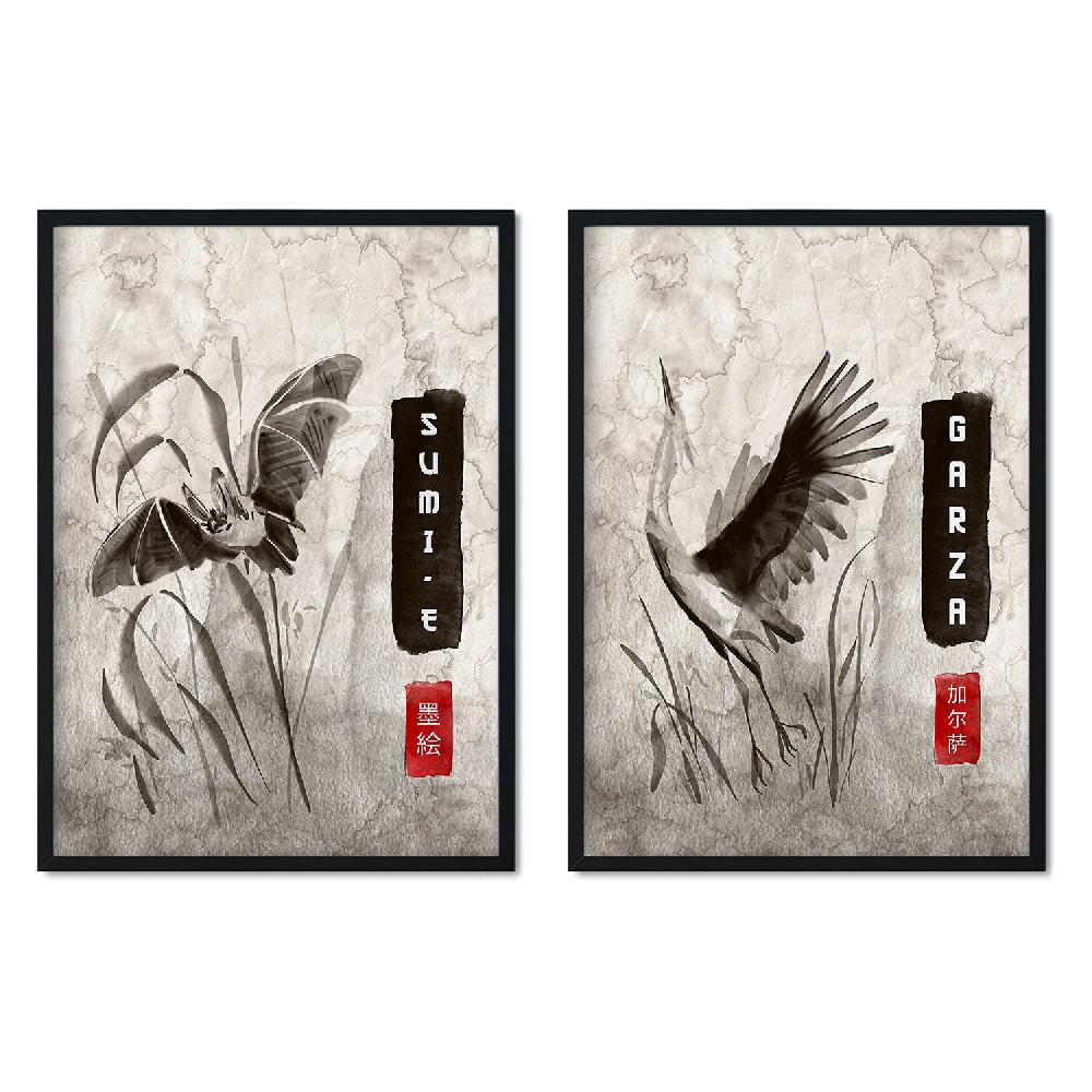 nacnic Set de láminas Sumi-E de animales voladores vintage en grises