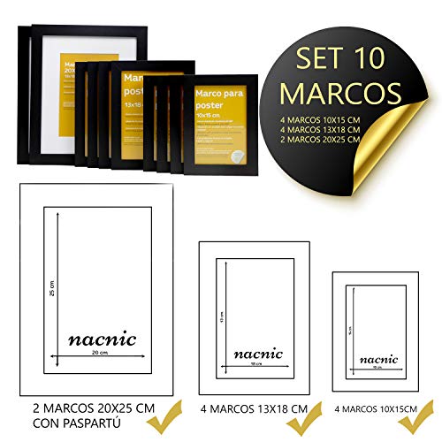 Nacnic Tamaño De Marco Negro (10 SET - |20x25cm|x2 - |13x18cm|x4 - |10x15cm|x4)Marco Negro Para Fotos Carteles Diplomas