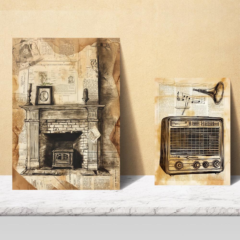 Nacnic Vida Vintage: Vino Tren Zapatos Radio Mujer - Lámina