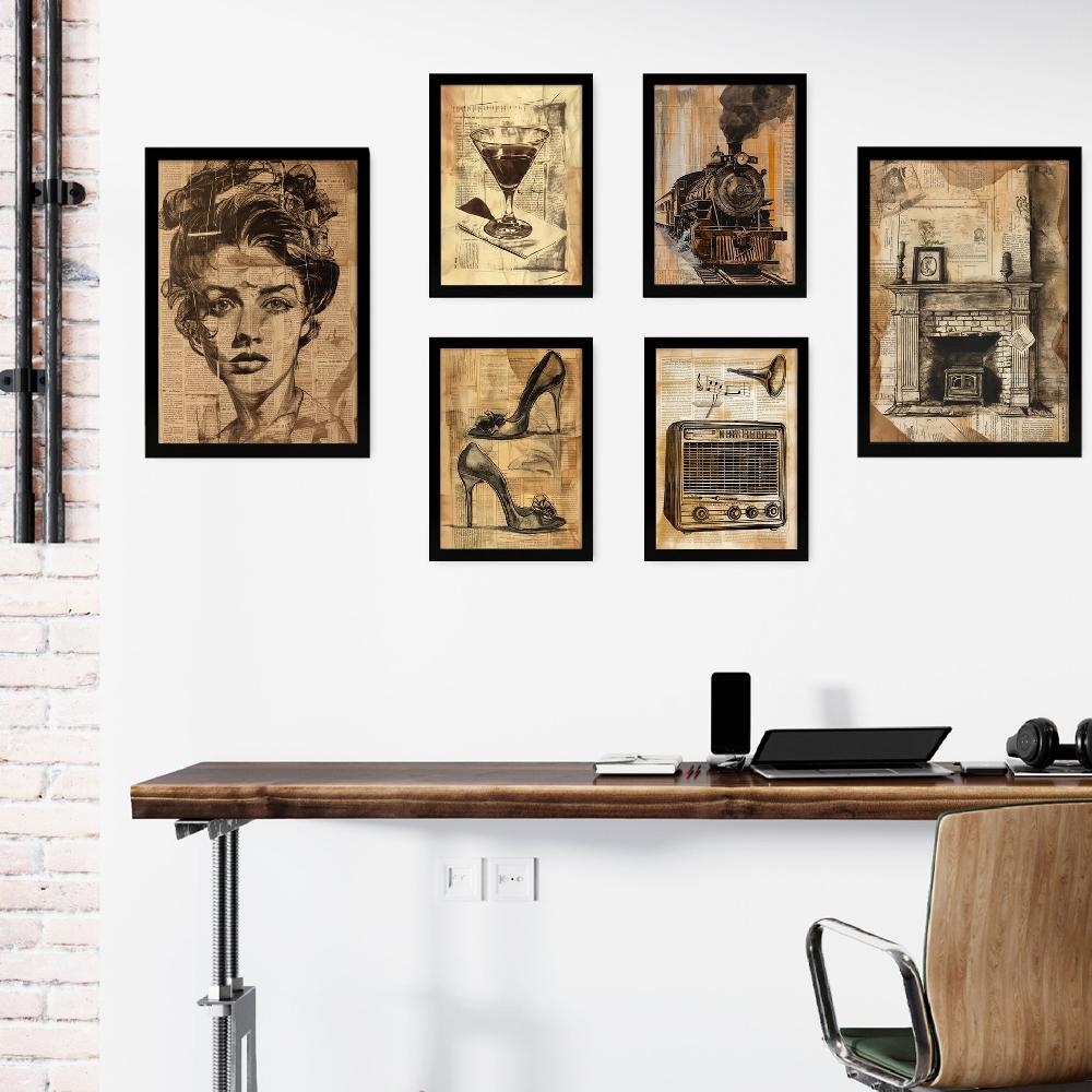 nacnic Vida Vintage: Vino Tren Zapatos Radio Mujer - Lámina