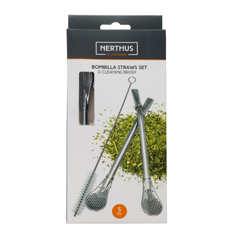 Nerthus Kitchenware 4 Bombillas Yerba Verde Mate En Acero Inoxidable Y Un Cepillo Para Su Limpieza