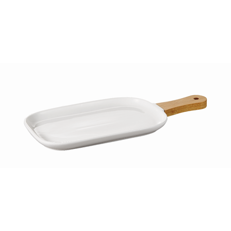 Nerthus Kitchenware Bandeja De Porcelana Para Snacks Con Asa De Bambú Blanco