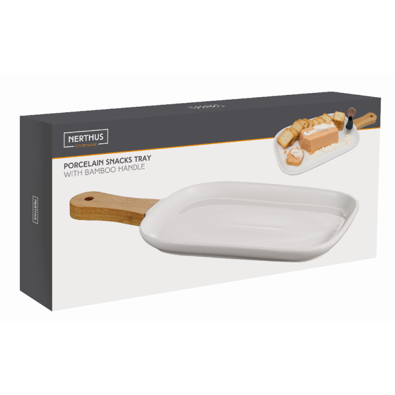 Nerthus Kitchenware Bandeja De Porcelana Para Snacks Con Asa De Bambú Blanco