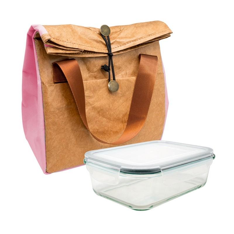 nerthus kitchenware Bolsa termica Porta Alimentos Diseño con Tyvek de estraza y Detalle Color Rosa + 1 Hermético 1 Litro de Cristal
