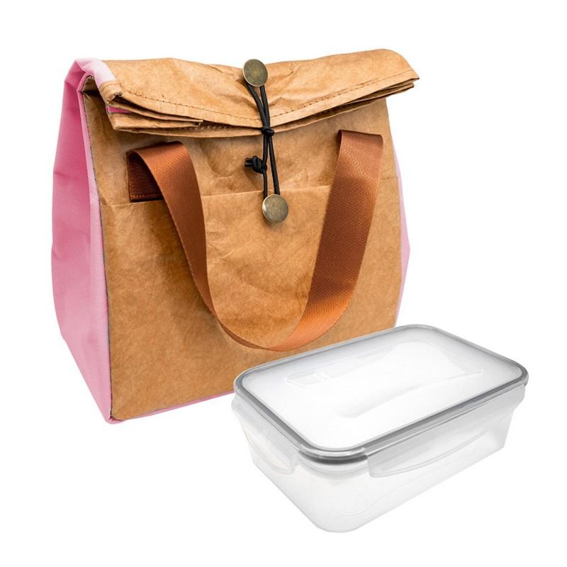 nerthus kitchenware Bolsa termica Porta Alimentos Diseño con Tyvek de estraza y Detalle Color Rosa + 1 Hermético 1 Litro