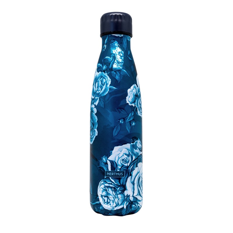 nerthus kitchenware Botella flores grandes AZUL 500ml doble pared