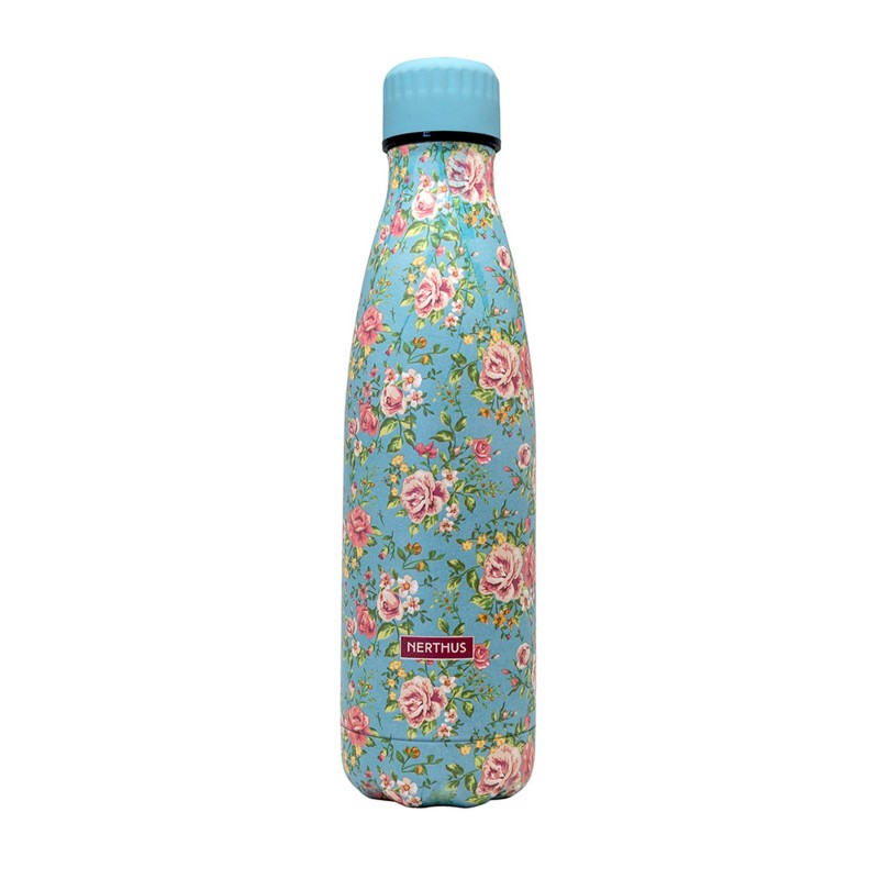 nerthus kitchenware Botella flores pequeñas rosas VERDE 500ml doble pared