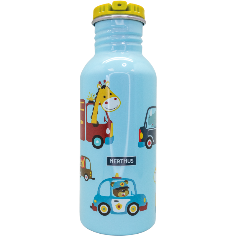 nerthus kitchenware Botellín de agua infantil con tapón pajita a prueba de fugas 500 ml Coches