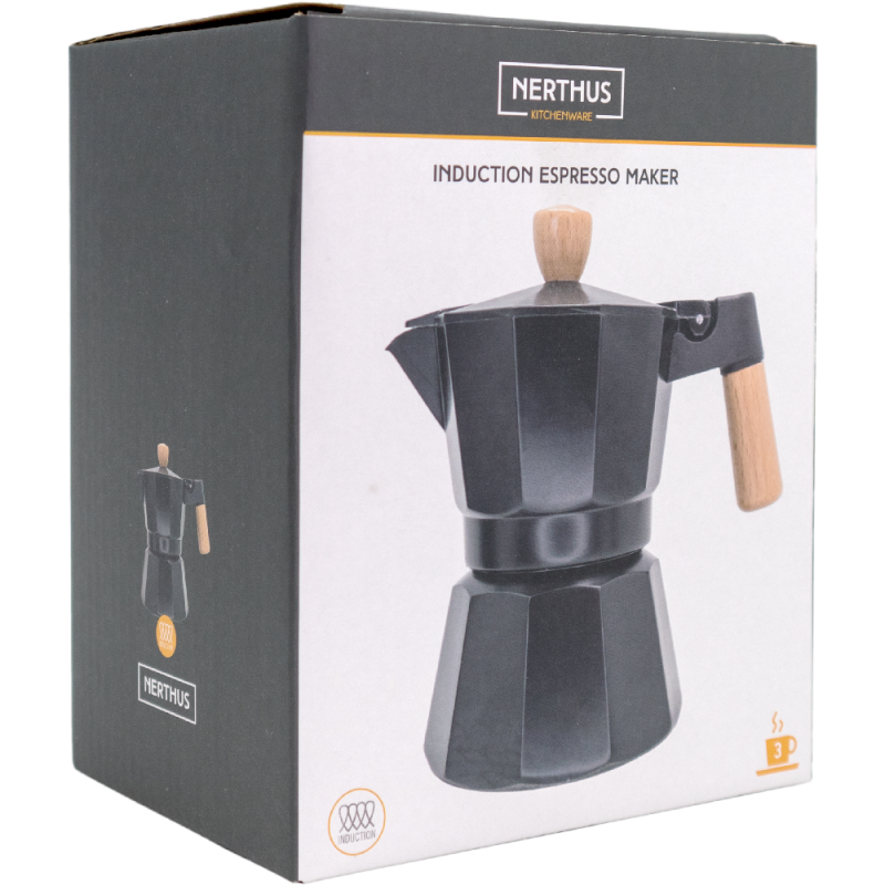 Nerthus Kitchenware Cafetera Italiana De Inducción 3 Tazas Diseño Negro Madera