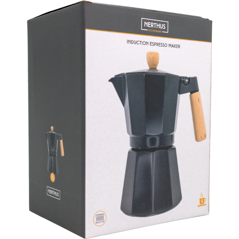 Nerthus Kitchenware Cafetera Italiana De Inducción 6 Tazas Diseño Negro Madera