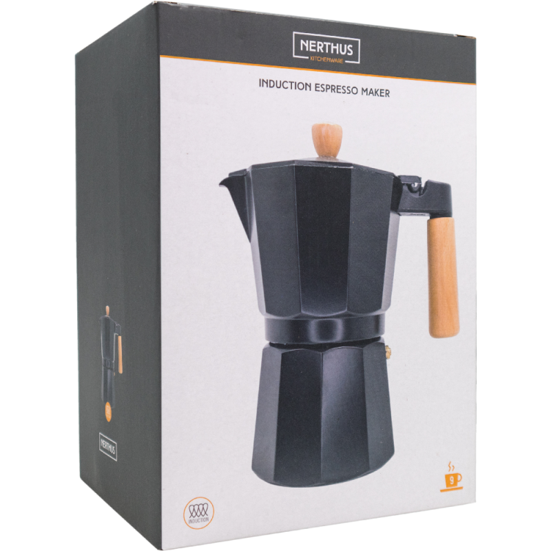 Nerthus Kitchenware Cafetera Italiana De Inducción 9 Tazas Diseño Negro Madera