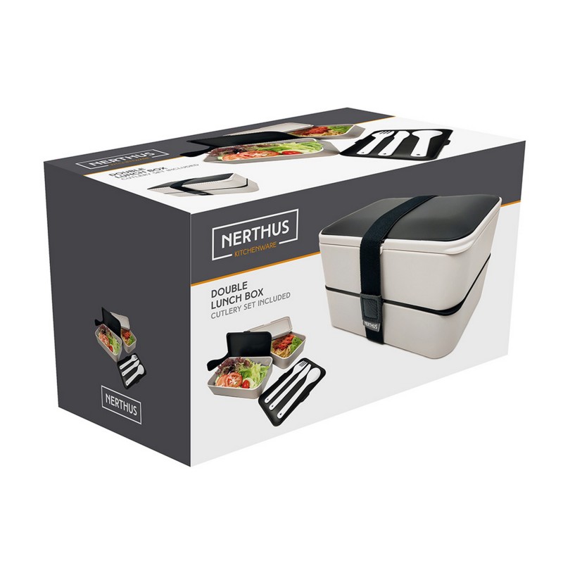 Nerthus Kitchenware Doble Tartera Hermética Con Set De Cubiertos Negra Gris