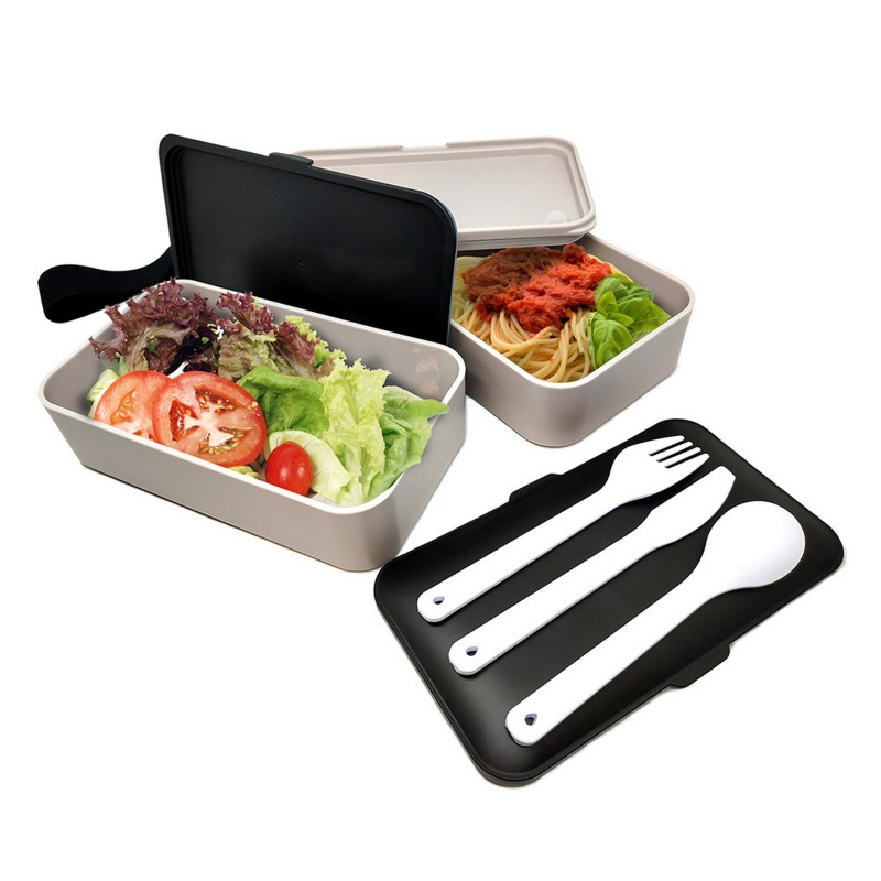 nerthus kitchenware Doble tartera hermética con set de cubiertos Negra Gris
