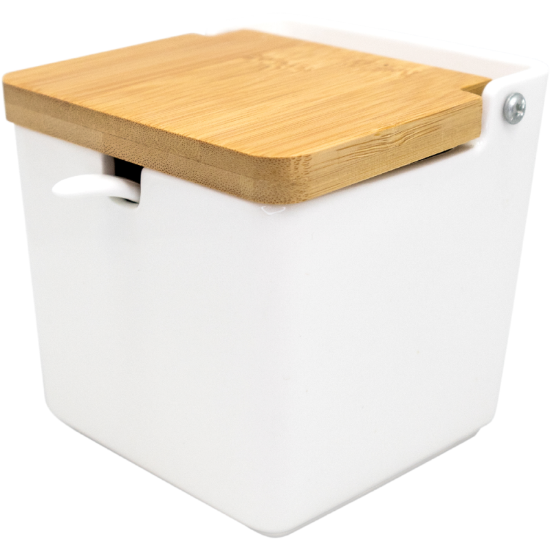 Nerthus Kitchenware Salero De Porcelana Extragrande Cuadrado Con Tapa De Madera Y Cuchara Blanco