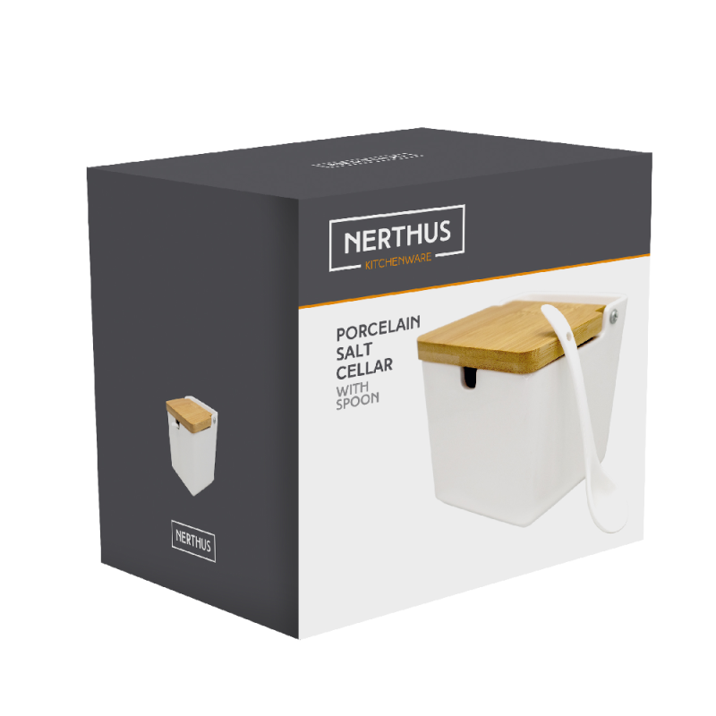 Nerthus Kitchenware Salero De Porcelana Extragrande Cuadrado Con Tapa De Madera Y Cuchara Blanco