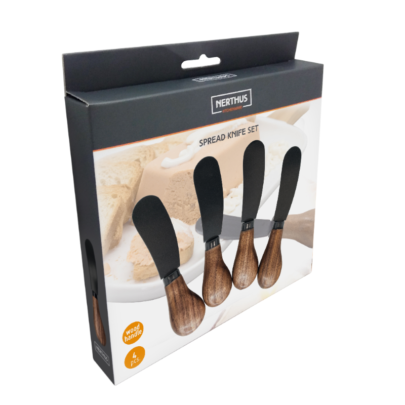 Nerthus Kitchenware Set De 4 Cuchillos Para Untar Con Mangos De Madera Y Hoja Negra