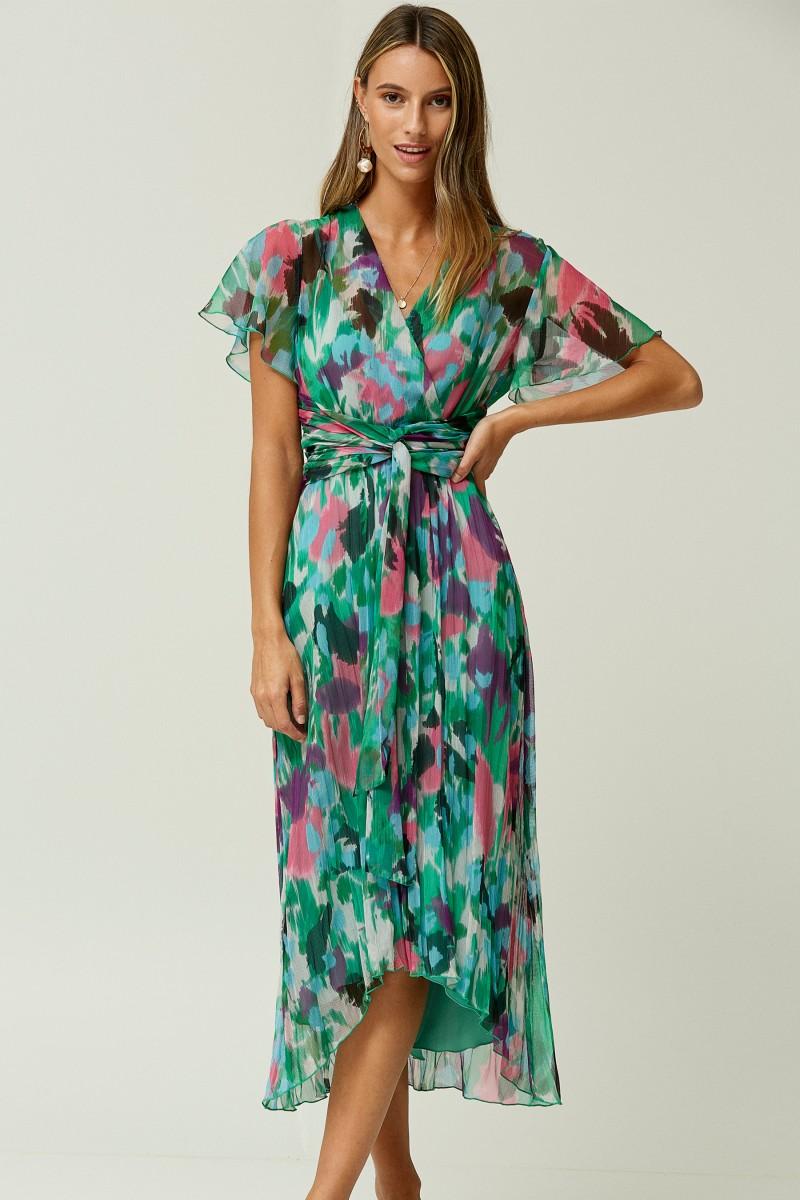 oky coky VESTIDO LAZO EN CINTURA GASA ESTAMPADA