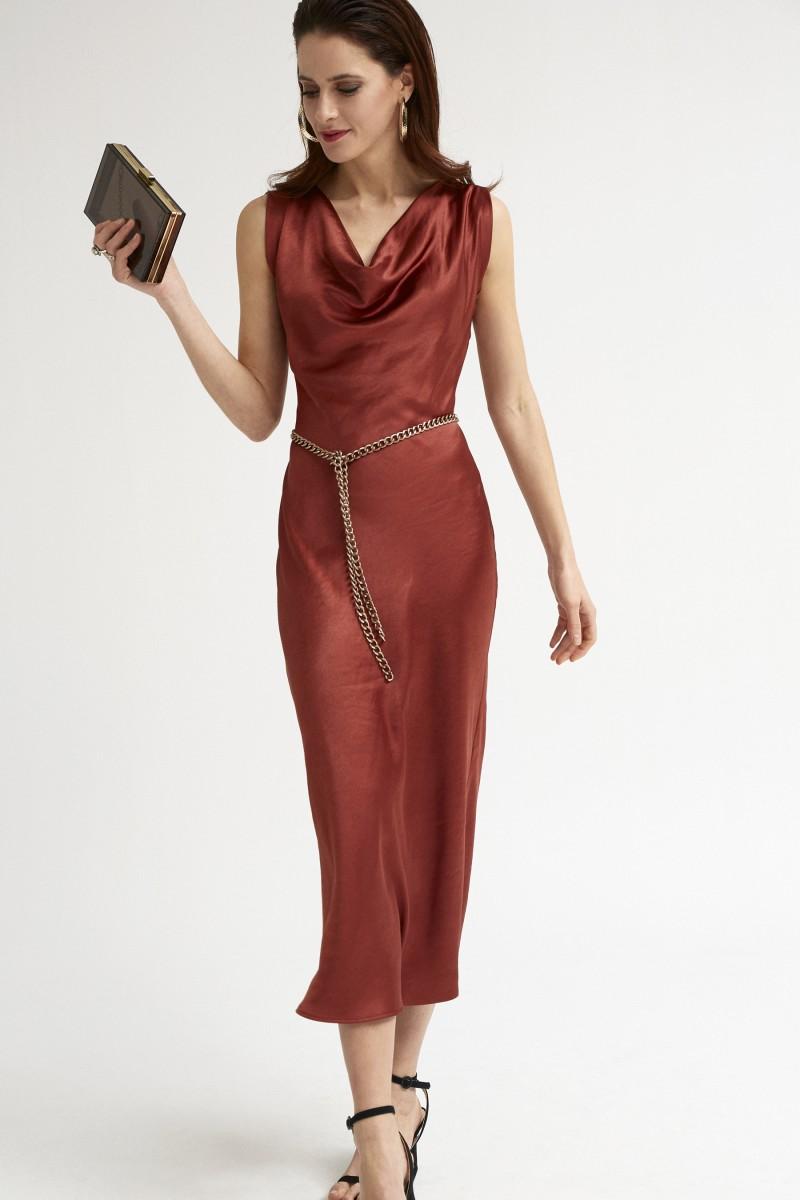 oky coky VESTIDO MIDI ESCOTE CASCADA RASO