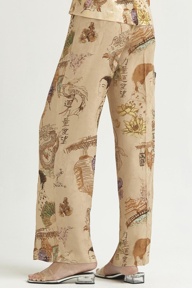 Oky Coky PANTALÓN PALAZZO CON CINTURILLA JACQUARD ESTAMPADO JAPONÉS