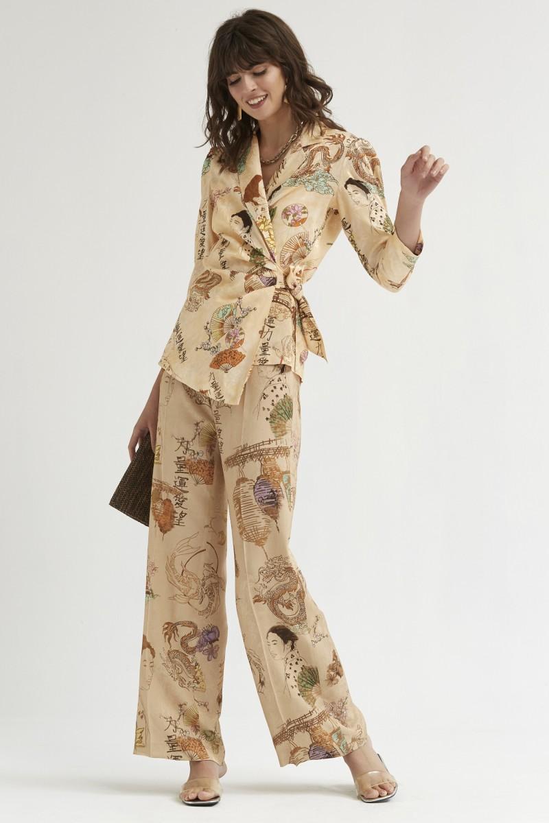 oky coky PANTALÓN PALAZZO CON CINTURILLA JACQUARD ESTAMPADO JAPONÉS