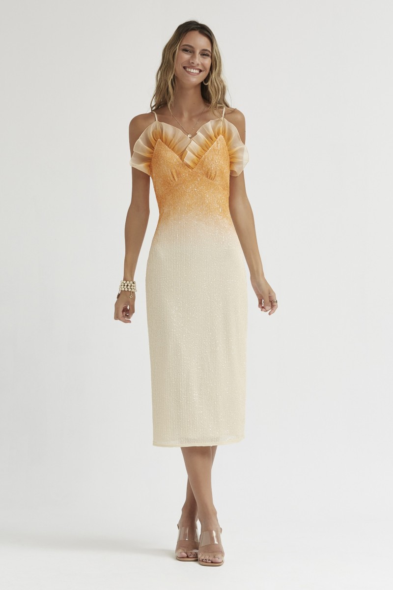 Oky Coky VESTIDO CON VOLANTE EN ESCOTE LENTEJUELA STRETCH