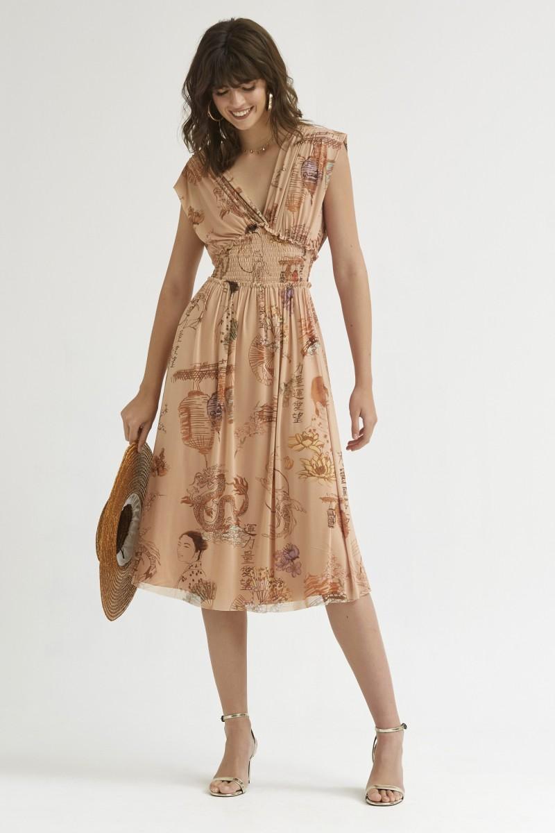 oky coky VESTIDO GOMAS EN CINTURA-TUL ESTAMPADO JAPONÉS