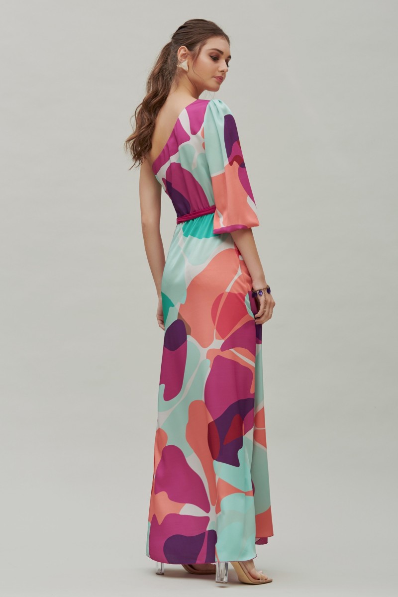 Oky Coky VESTIDO HOMBRO ASIMÉTRICO ESTAMPADO MULTICOLOR