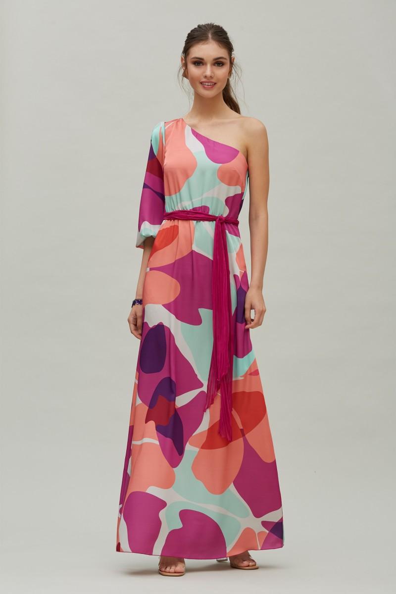 oky coky VESTIDO HOMBRO ASIMÉTRICO ESTAMPADO MULTICOLOR