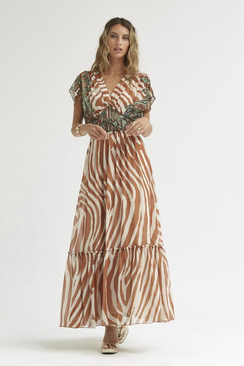 Oky Coky VESTIDO LARGO GOMAS EN CINTURA GASA ESTAMPADO GRAFITI