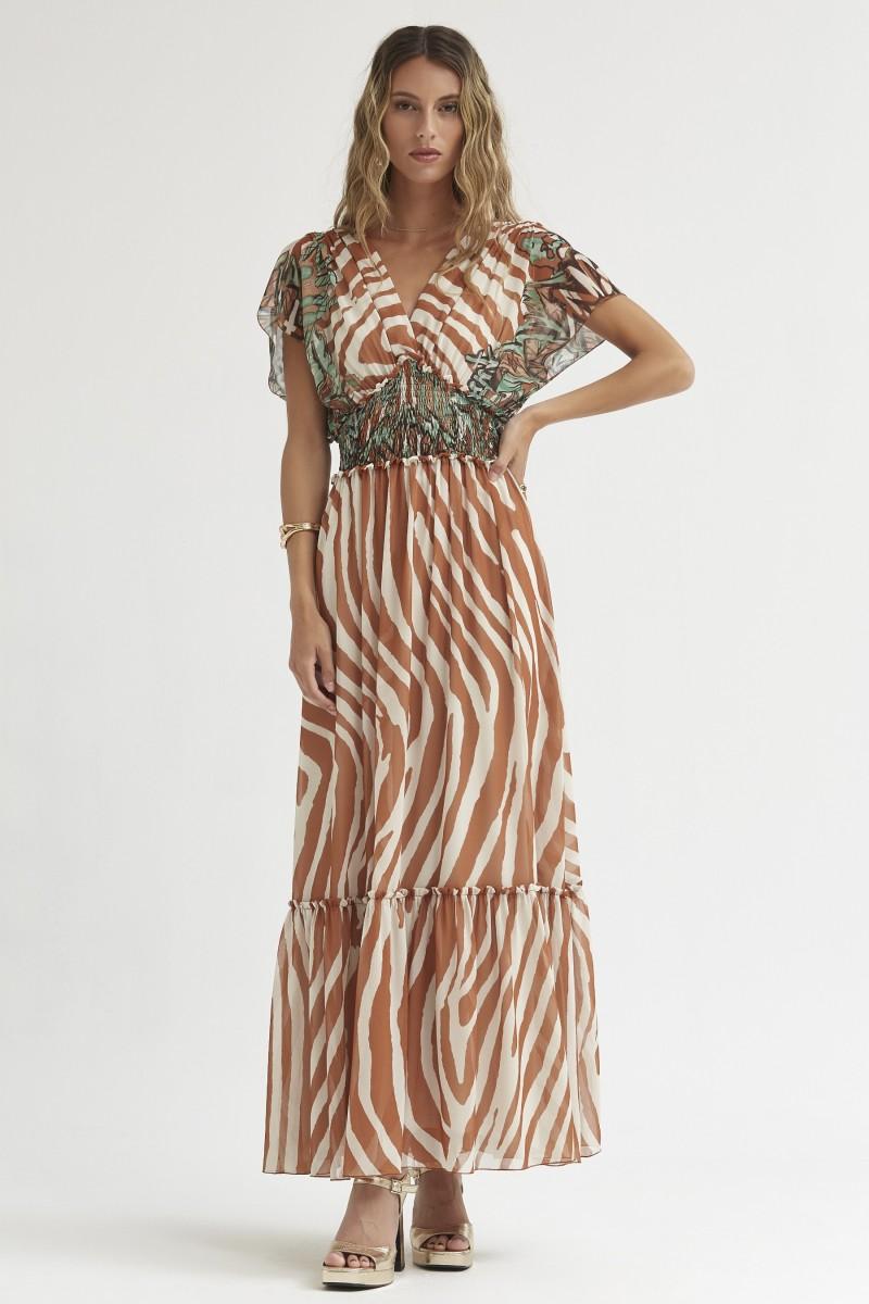 oky coky VESTIDO LARGO GOMAS EN CINTURA GASA ESTAMPADO GRAFITI